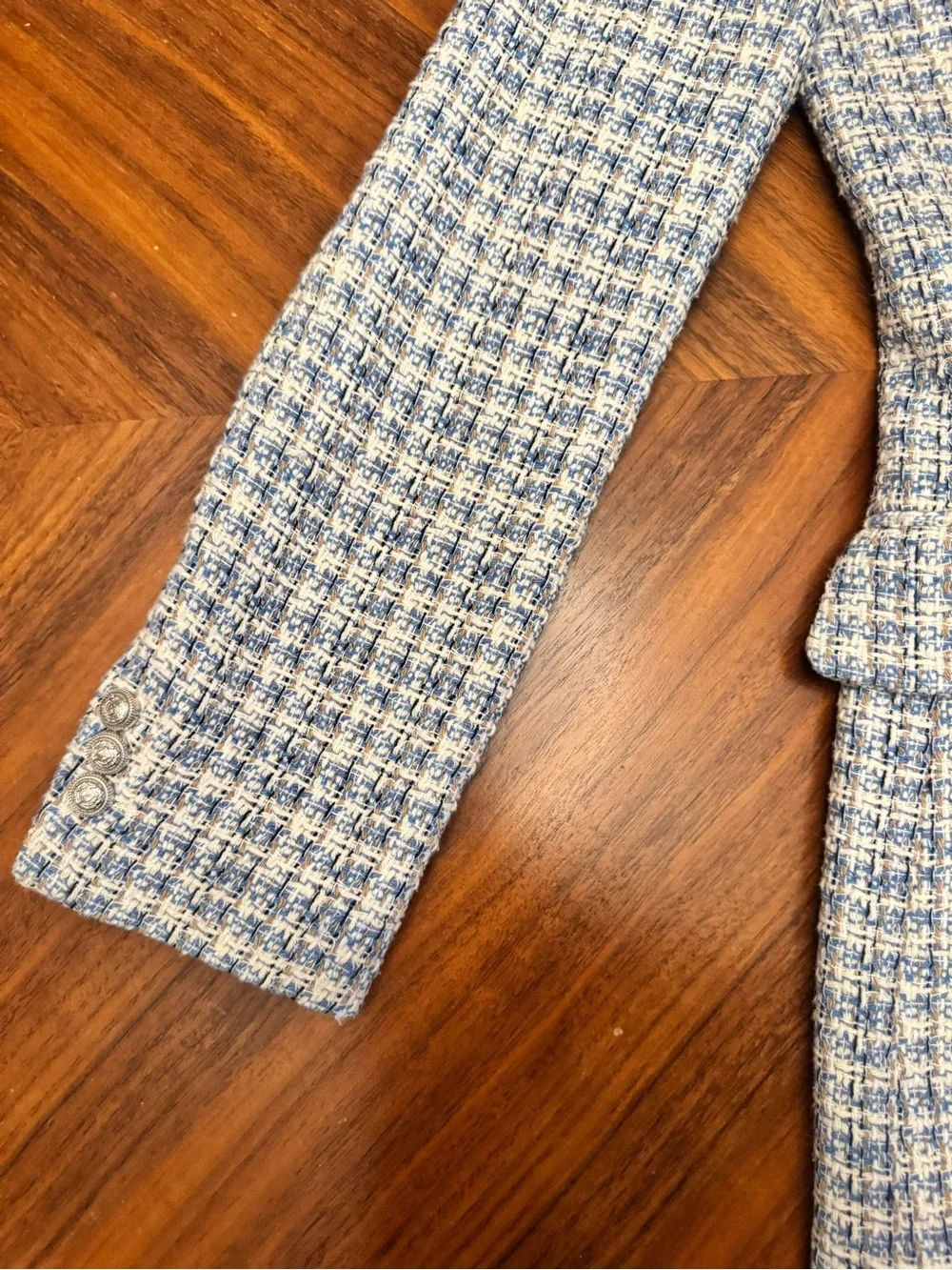 Zara Blue White Tweed Double Breasted Blazer Bouclé Jacket Size S